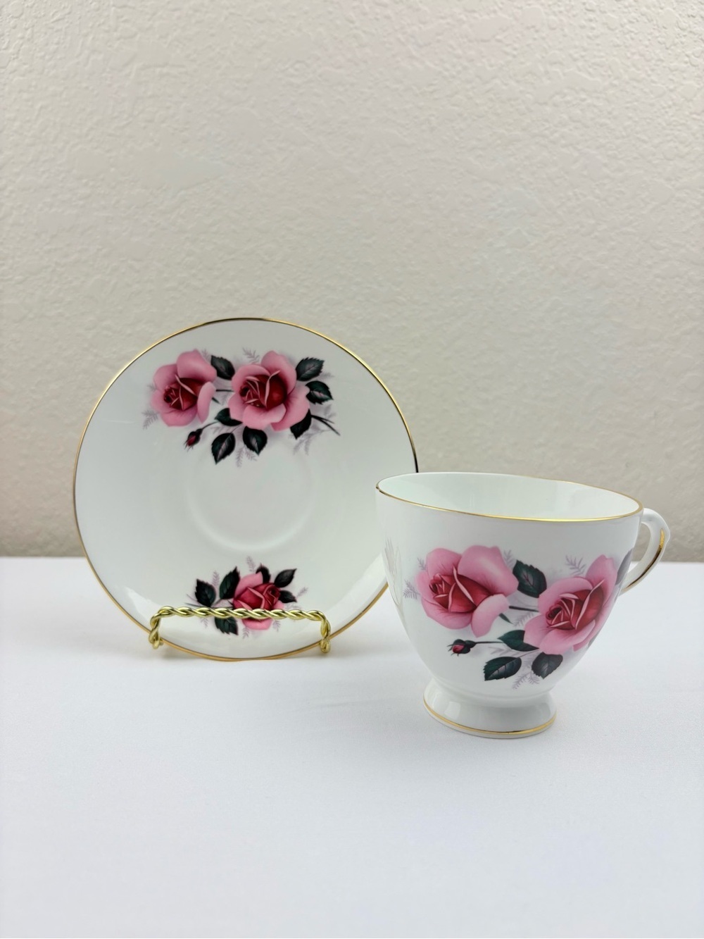 Vintage Royal Dover China Fine Bone China Teacup & Saucer with Pink Rose Design